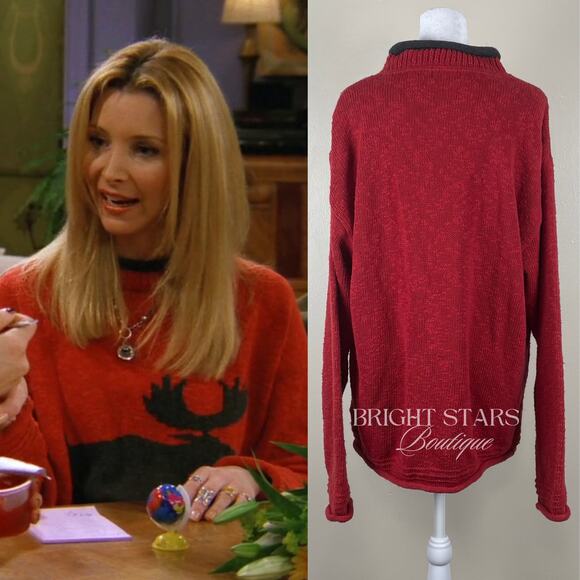 Extremely Rare Red Black Moose Reindeer Sweater ASO Phoebe Buffay Friends - Picture 2 of 9